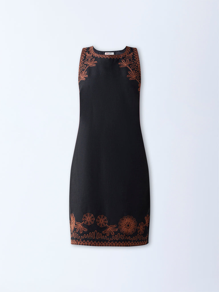 Westside Bombay Paisley Women's Black Embroidered Cotton-Blend Shift Dress for Everyday Flatlay