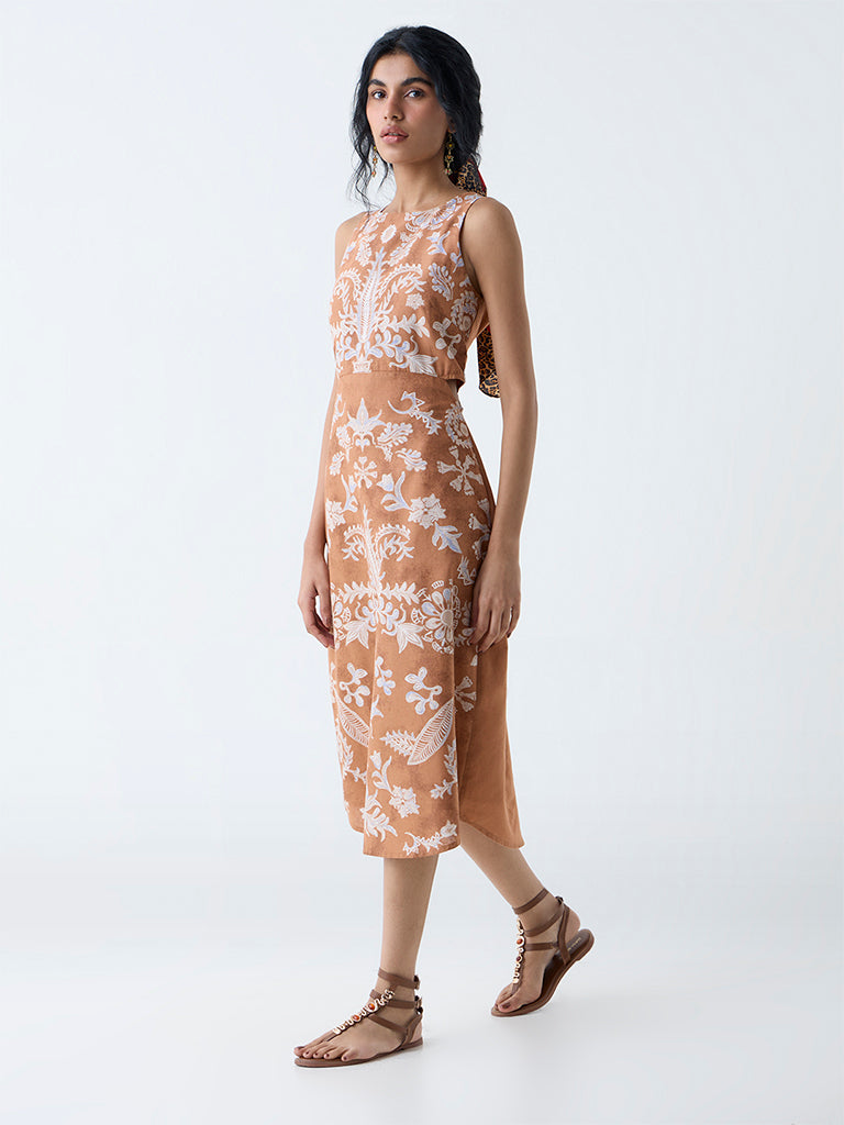 Bombay Paisley Tan Floral Design Cotton A-Line Dress