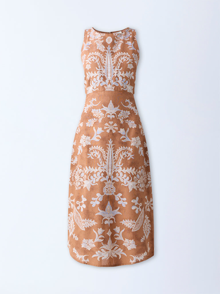 Bombay Paisley Tan Floral Design Cotton A-Line Dress