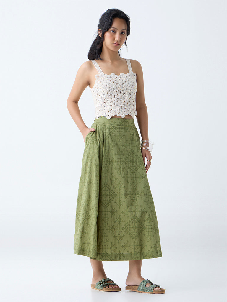 Westside Bombay Paisley Women's Off-White Crochet-Knitted Cotton Top for Everyday Full View