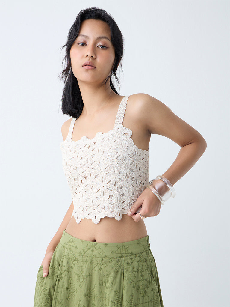 Westside Bombay Paisley Women's Off-White Crochet-Knitted Cotton Top for Everyday Front view