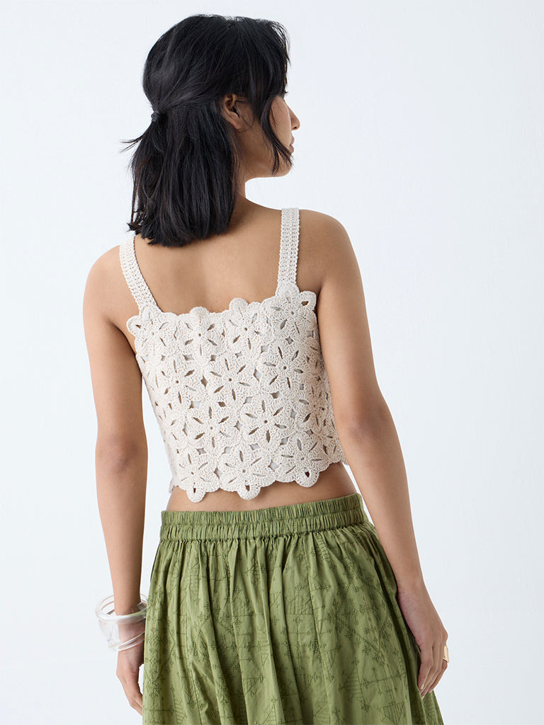 Westside Bombay Paisley Women's Off-White Crochet-Knitted Cotton Top for Everyday Back View