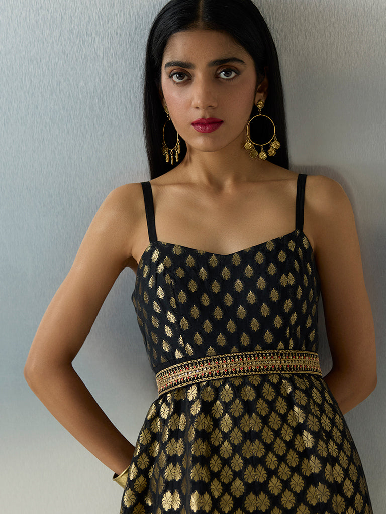 Vark Black Brocade Cotton-Blend Maxi Dress