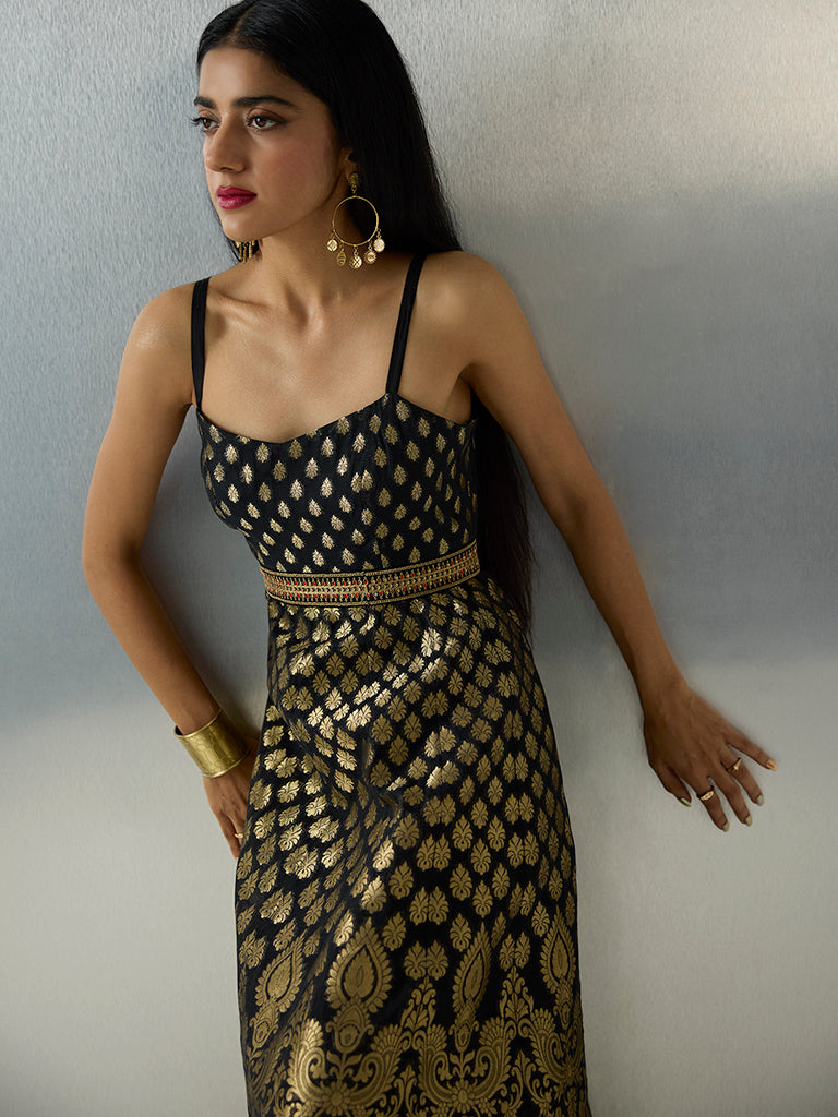 Vark Black Brocade Cotton-Blend Maxi Dress