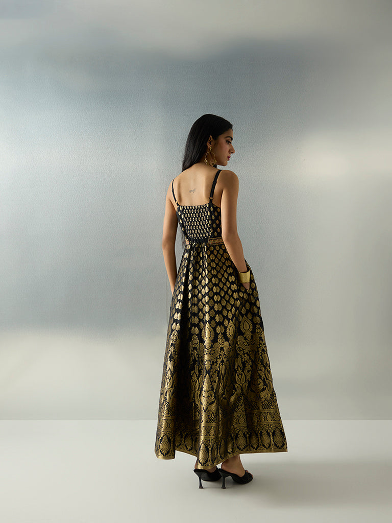 Vark Black Brocade Cotton-Blend Maxi Dress