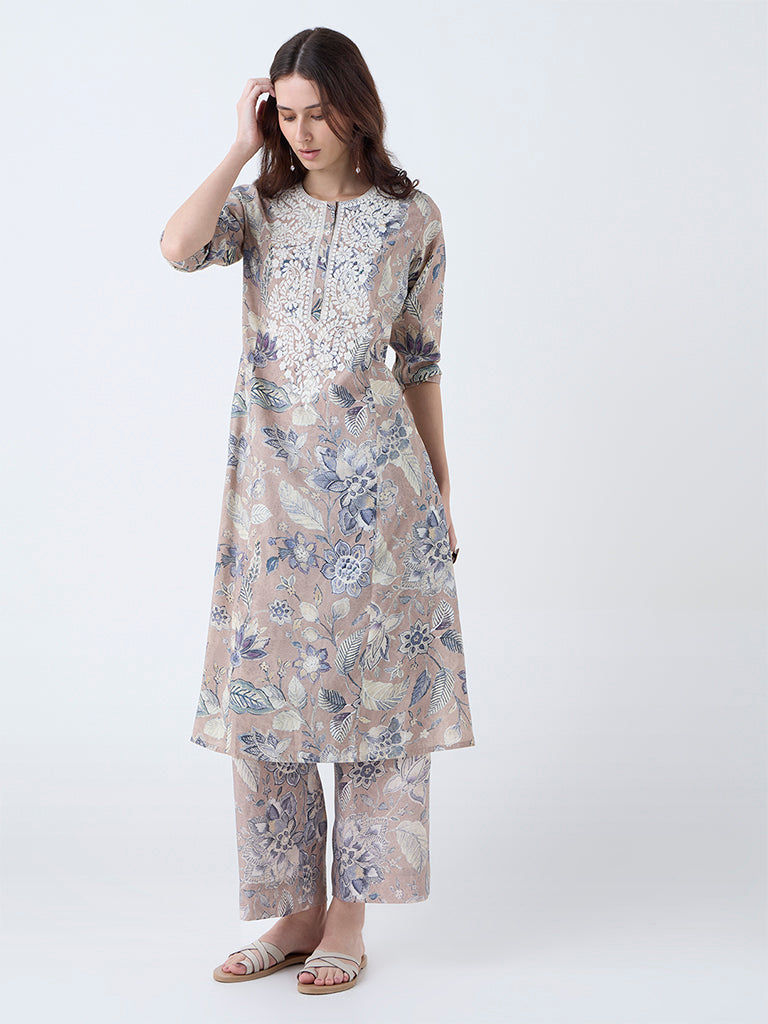 Westside Utsa Women's Beige Floral Design A-Line Kurta for Work Wear Full View