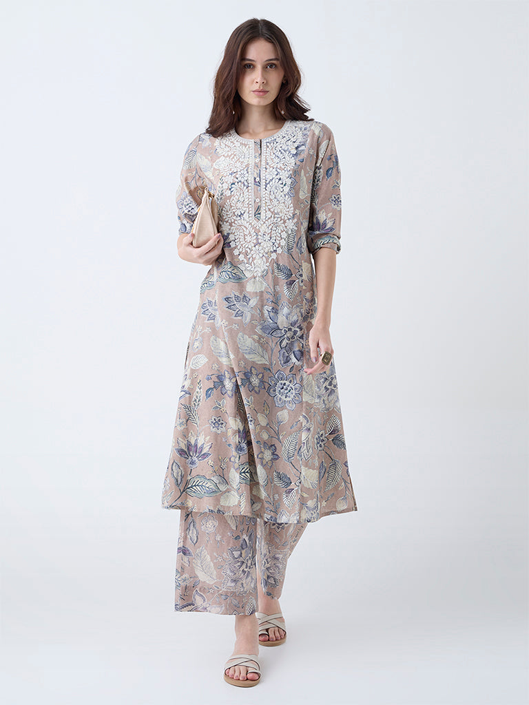 Westside Utsa Women's Beige Floral Design A-Line Kurta for Work Wear Front view