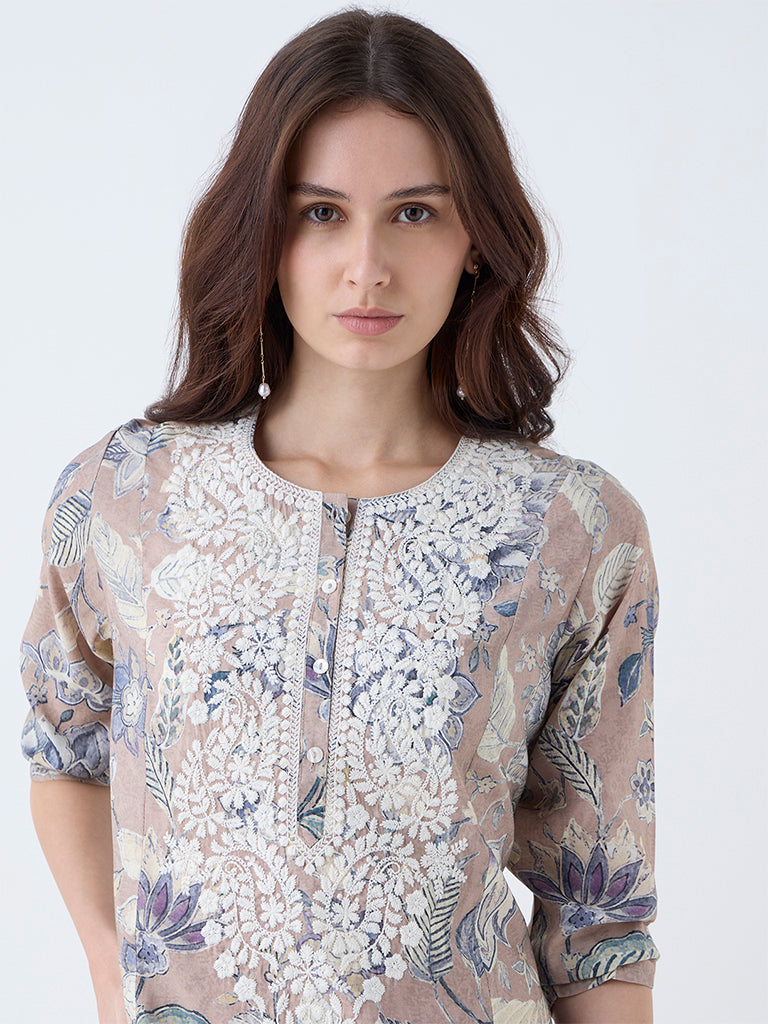 Westside Utsa Women's Beige Floral Design A-Line Kurta for Work Wear Zoomed View