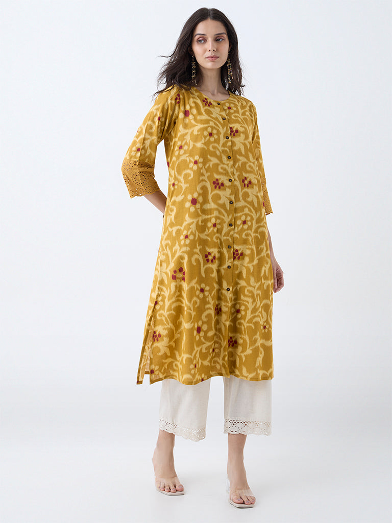 Westside Utsa Women's Mustard Floral Printed Cotton A-Line Kurta for Work Wear Front view