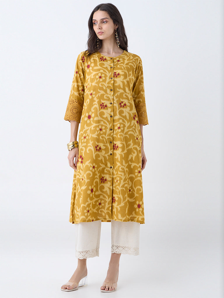 Westside Utsa Women's Mustard Floral Printed Cotton A-Line Kurta for Work Wear Full View
