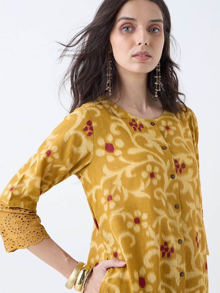 Utsa Mustard Floral Printed Cotton A-Line Kurta