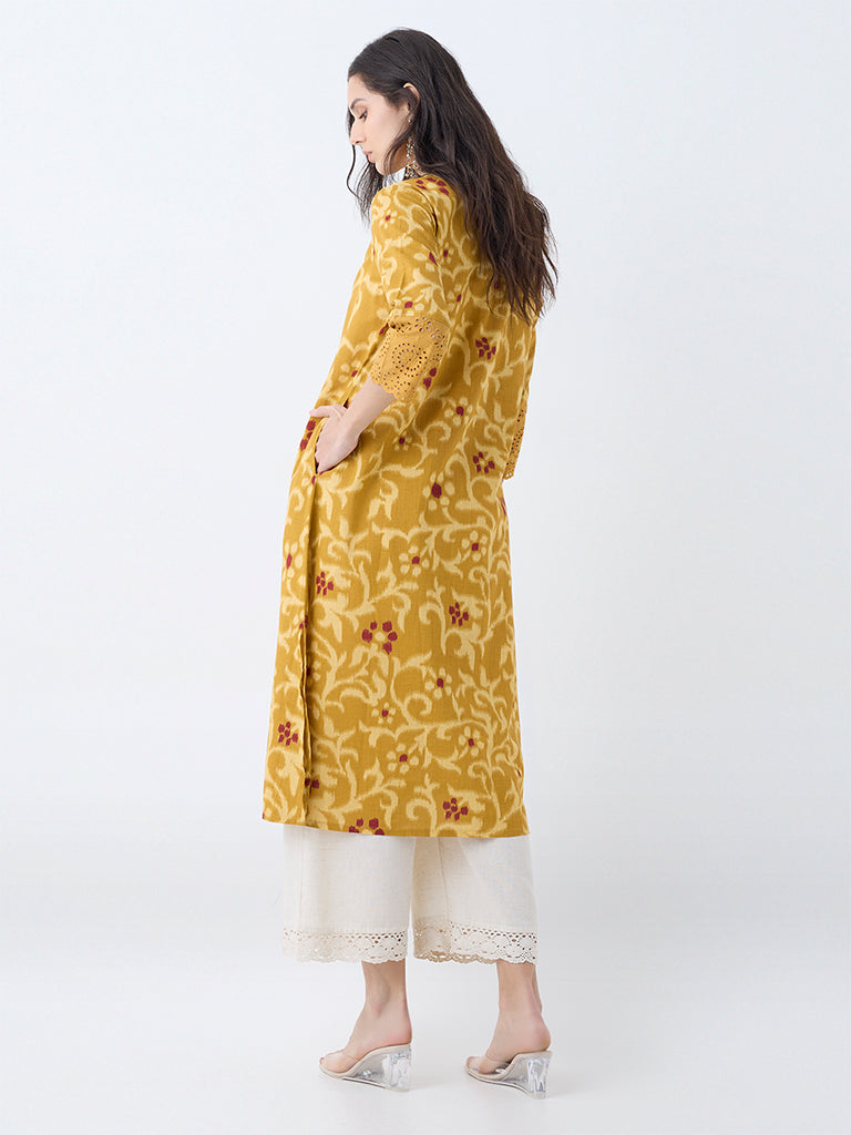 Westside Utsa Women's Mustard Floral Printed Cotton A-Line Kurta for Work Wear Back View