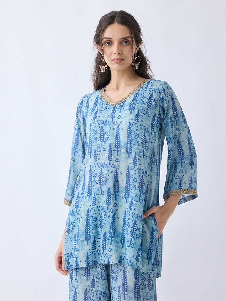 Westside Utsa Women's Blue Botanical Pattern Straight Kurti for Work Wear Front view