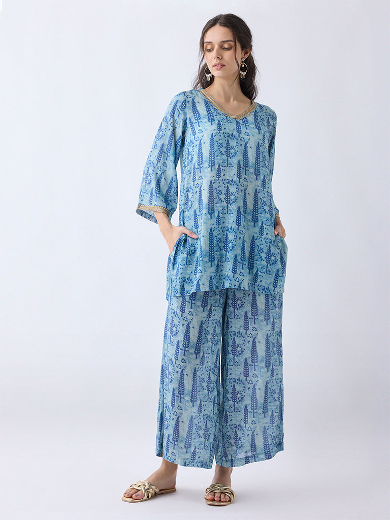Westside Utsa Women's Blue Botanical Pattern Straight Kurti for Work Wear Full View