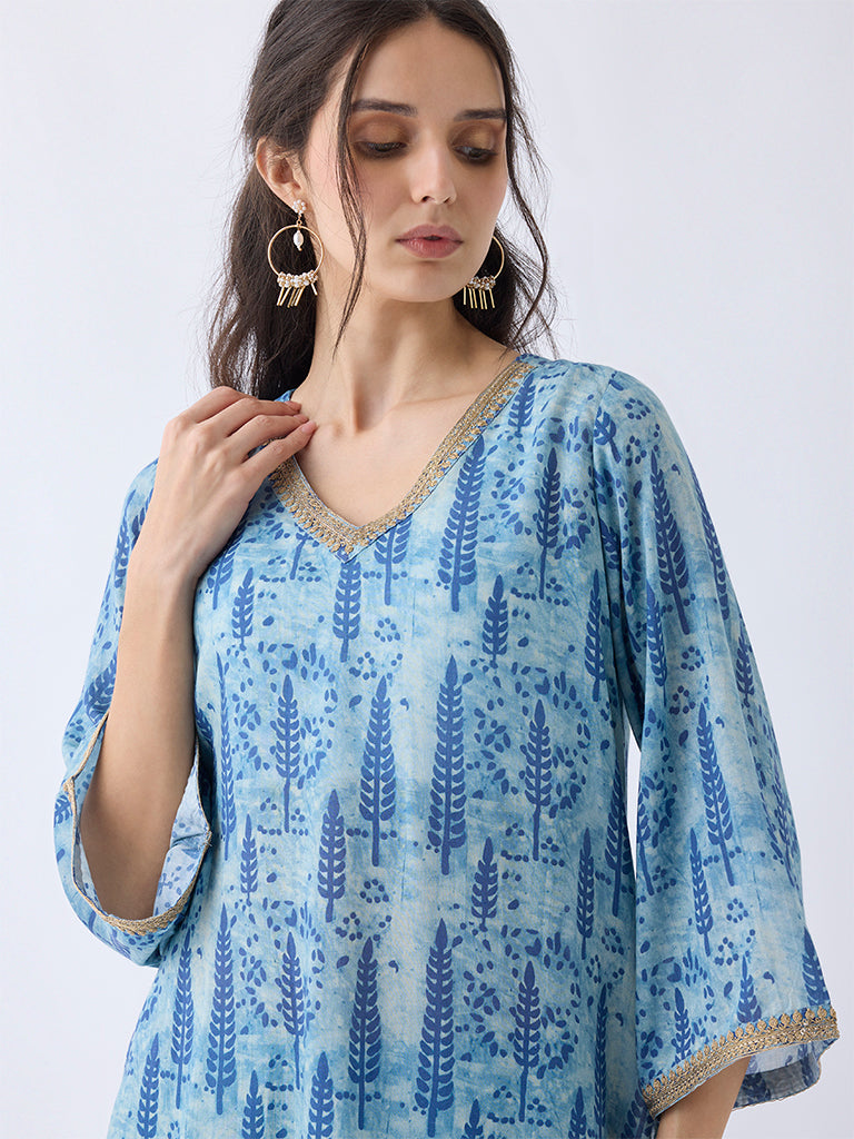 Westside Utsa Women's Blue Botanical Pattern Straight Kurti for Work Wear Zoomed View