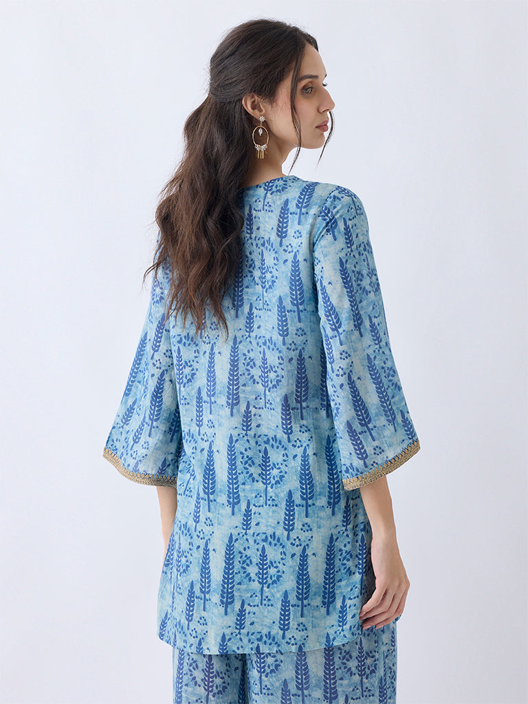 Westside Utsa Women's Blue Botanical Pattern Straight Kurti for Work Wear Back View