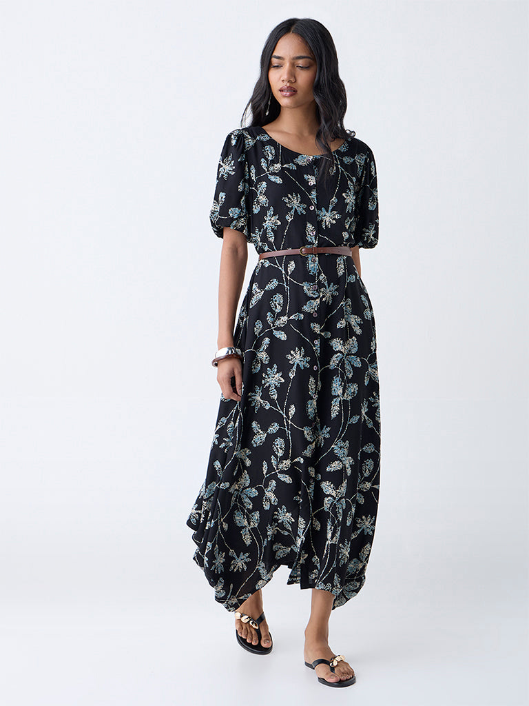 Westside Utsa Women's Black Leaf Pattern Asymmetric Dress with Belt for Work Wear Full View