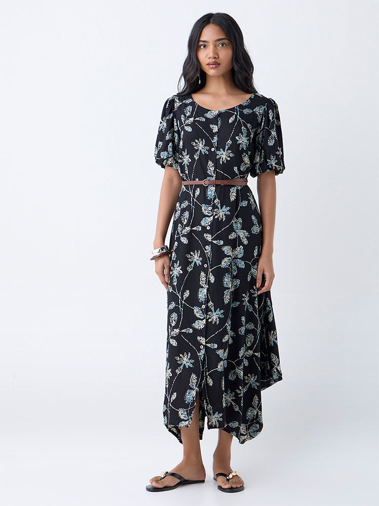 Westside Utsa Women's Black Leaf Pattern Asymmetric Dress with Belt for Work Wear Front view