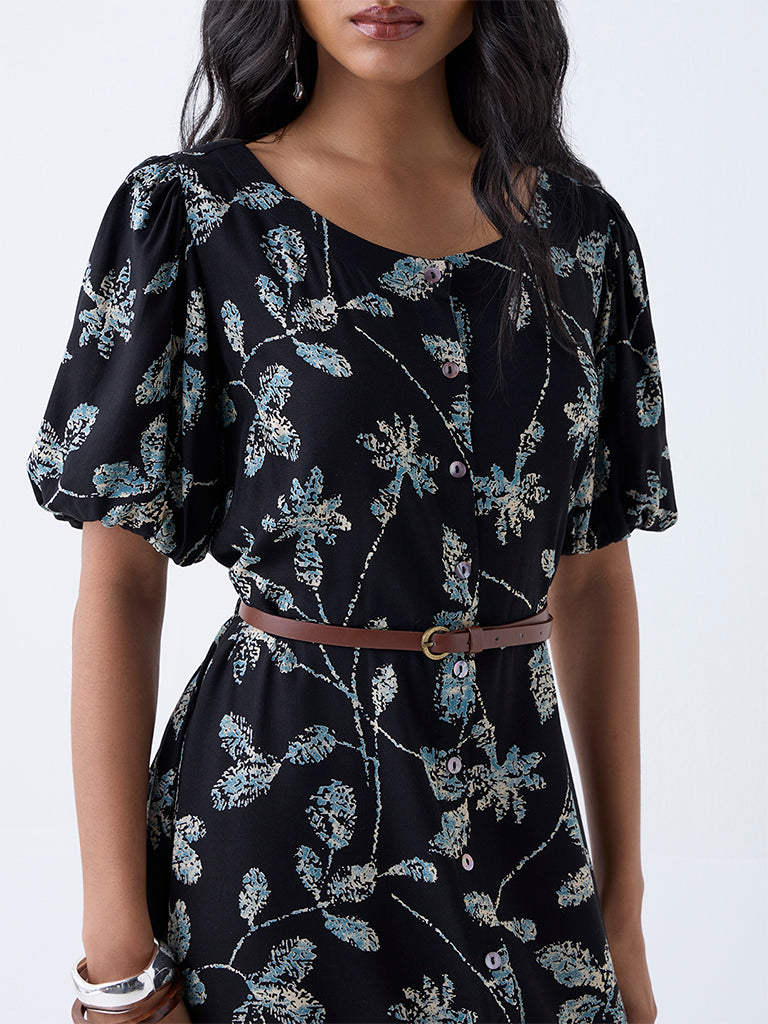 Westside Utsa Women's Black Leaf Pattern Asymmetric Dress with Belt for Work Wear Zoomed View
