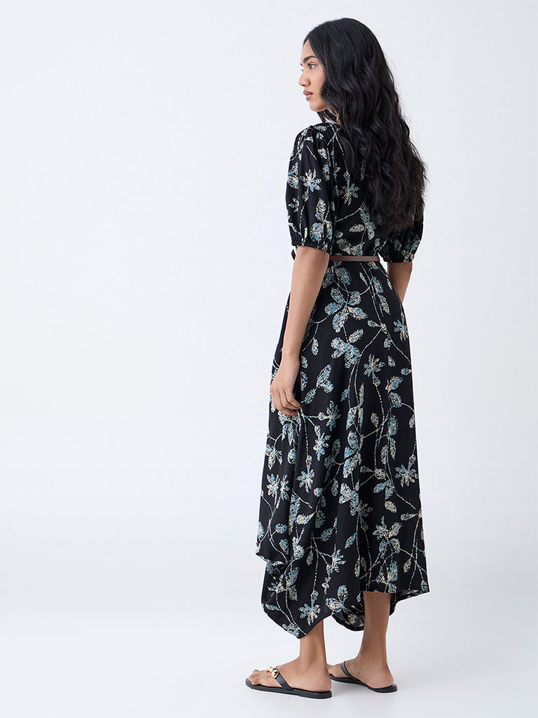 Westside Utsa Women's Black Leaf Pattern Asymmetric Dress with Belt for Work Wear Back View
