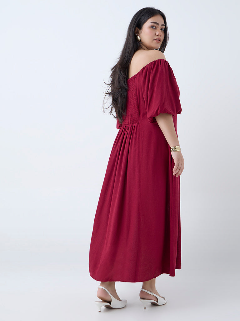 Westside Gia Women's Red Solid Off-Shoulder Dress for Casual Wear Back View