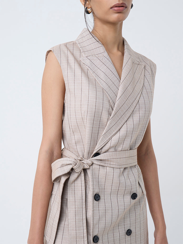 Wardrobe Beige Stripe Pattern Blazer Dress with Belt