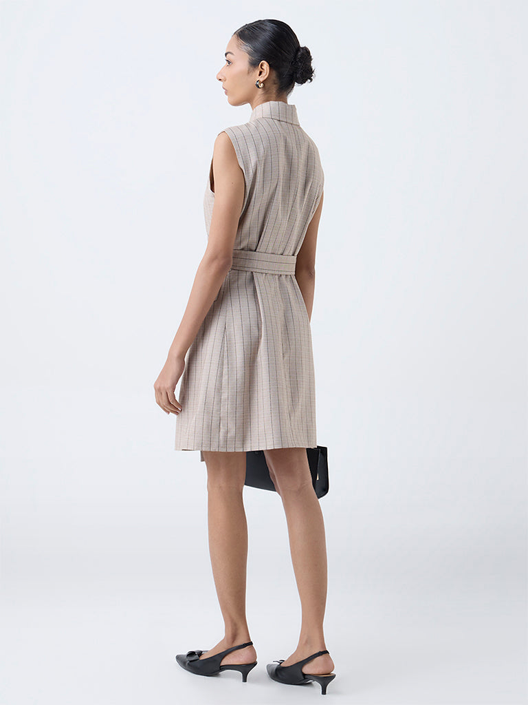 Wardrobe Beige Stripe Pattern Blazer Dress with Belt
