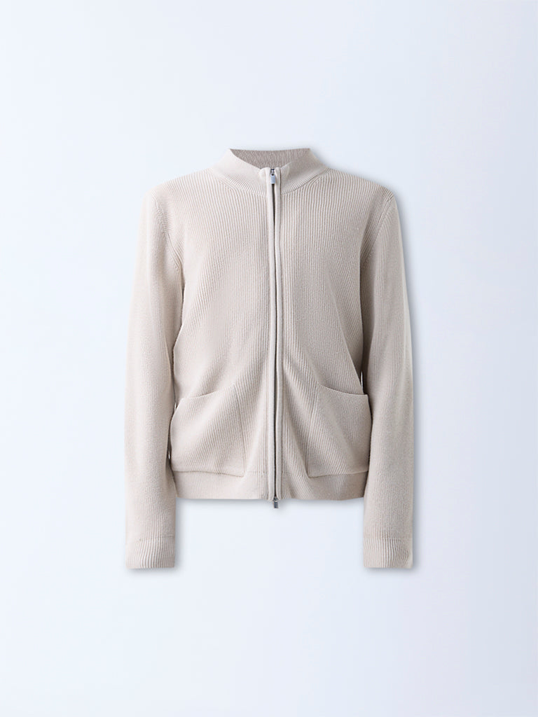 Ascot Beige Knit-Textured Relaxed Fit Jacket