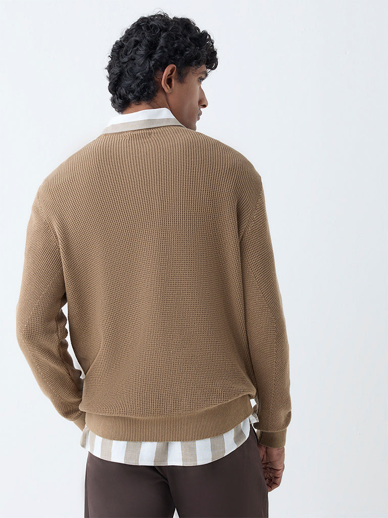 Westside Ascot Men's Taupe Knit-Textured Relaxed-Fit Cotton Sweater for Winter Wear Back View