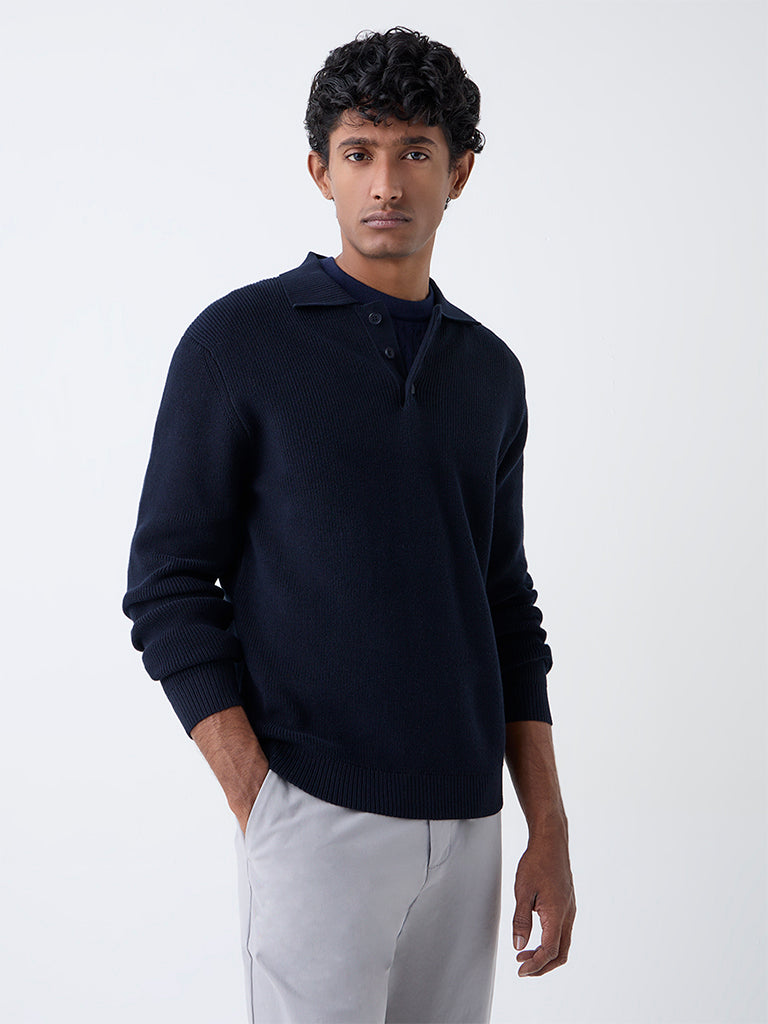 Buy Ascot Navy Knit-Textured Relaxed-Fit Cotton Polo Sweater from