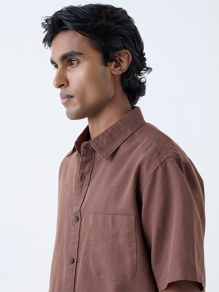 WES Casuals Brown Solid Relaxed-Fit Linen-Blend Shirt