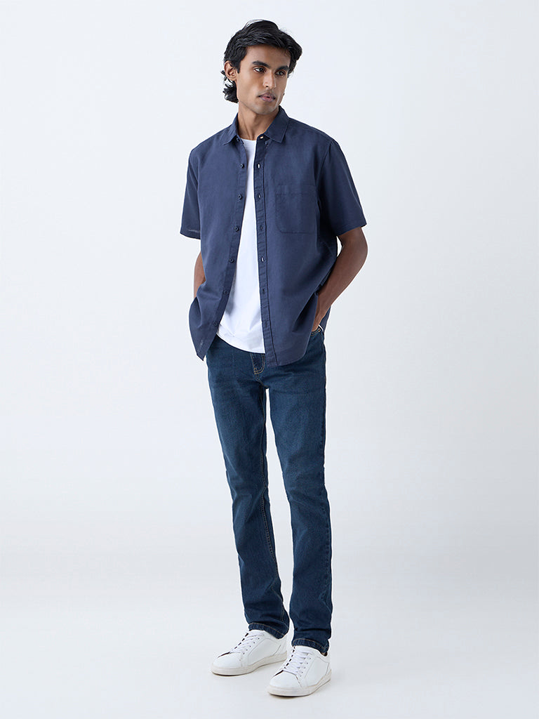 WES Casuals Navy Solid Relaxed-Fit Linen-Blend Shirt