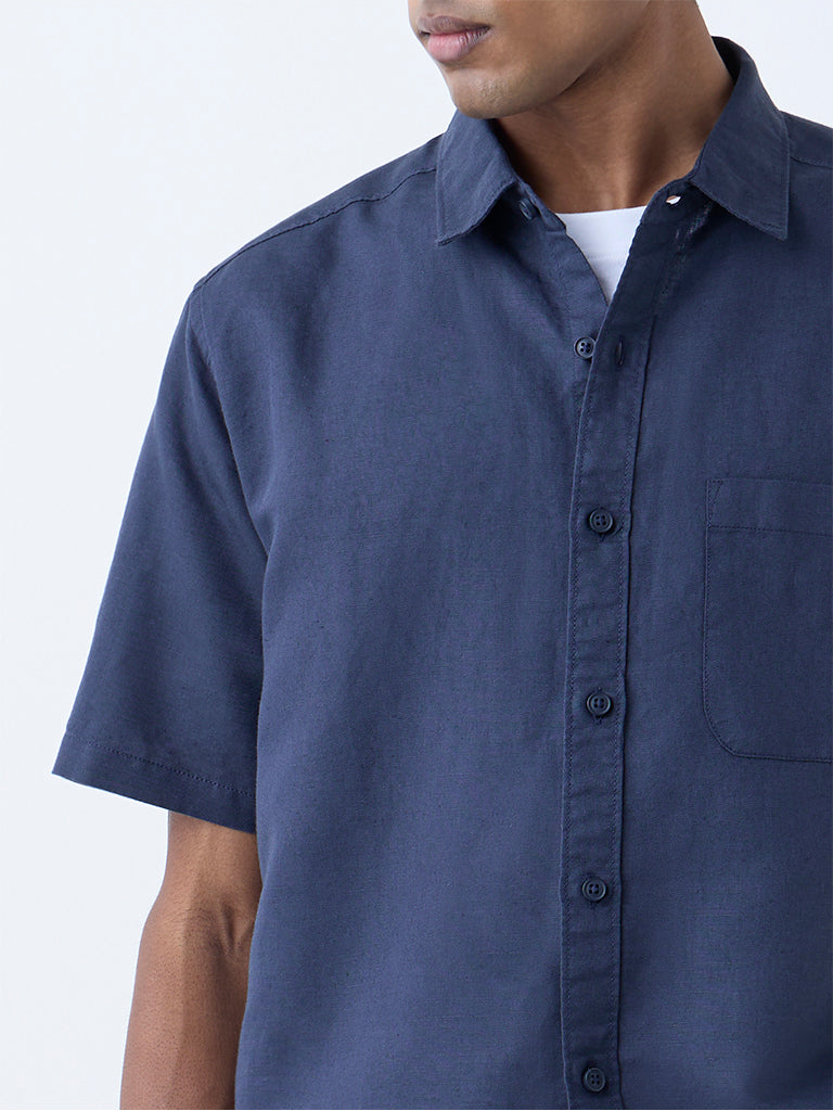 WES Casuals Navy Solid Relaxed-Fit Linen-Blend Shirt