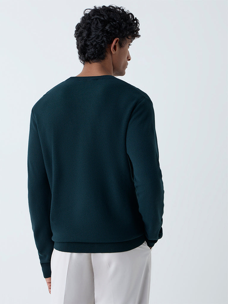 Westside WES Formals Men's Green Knitted Slim-Fit Sweater for Winter Wear Back View