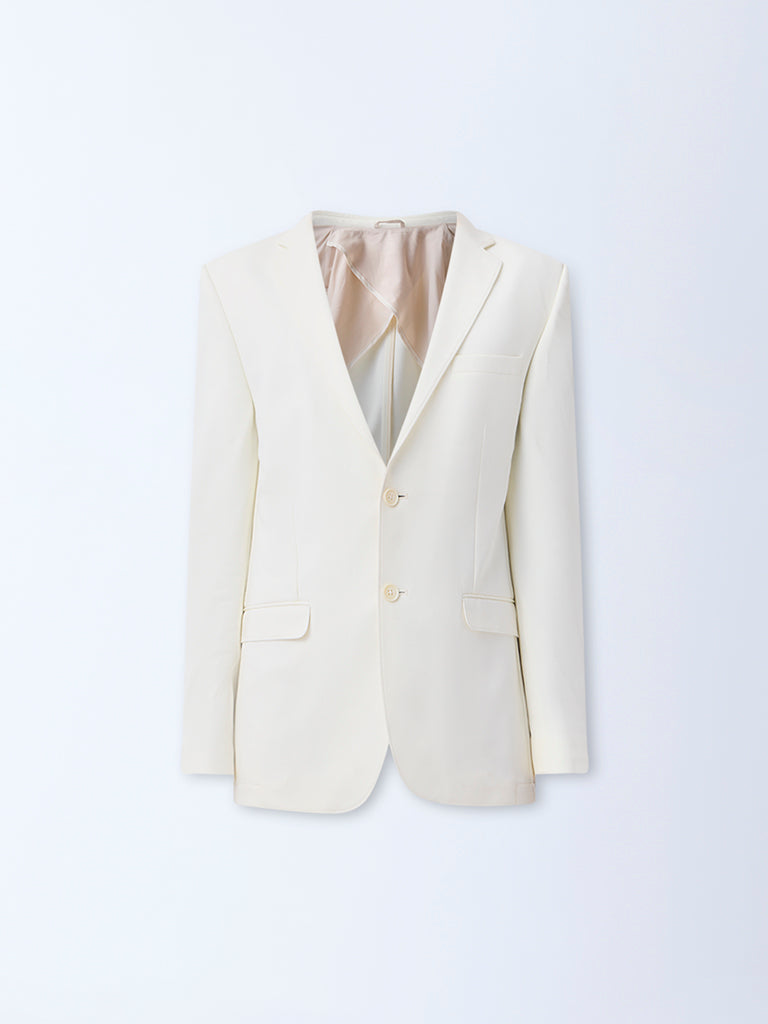 WES Formals Off-White Solid Slim-Fit Blazer