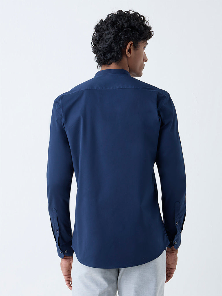 Westside WES Formals Men's Navy Solid Ultra-Slim Fit Cotton-Blend Shirt for Work Wear Back View