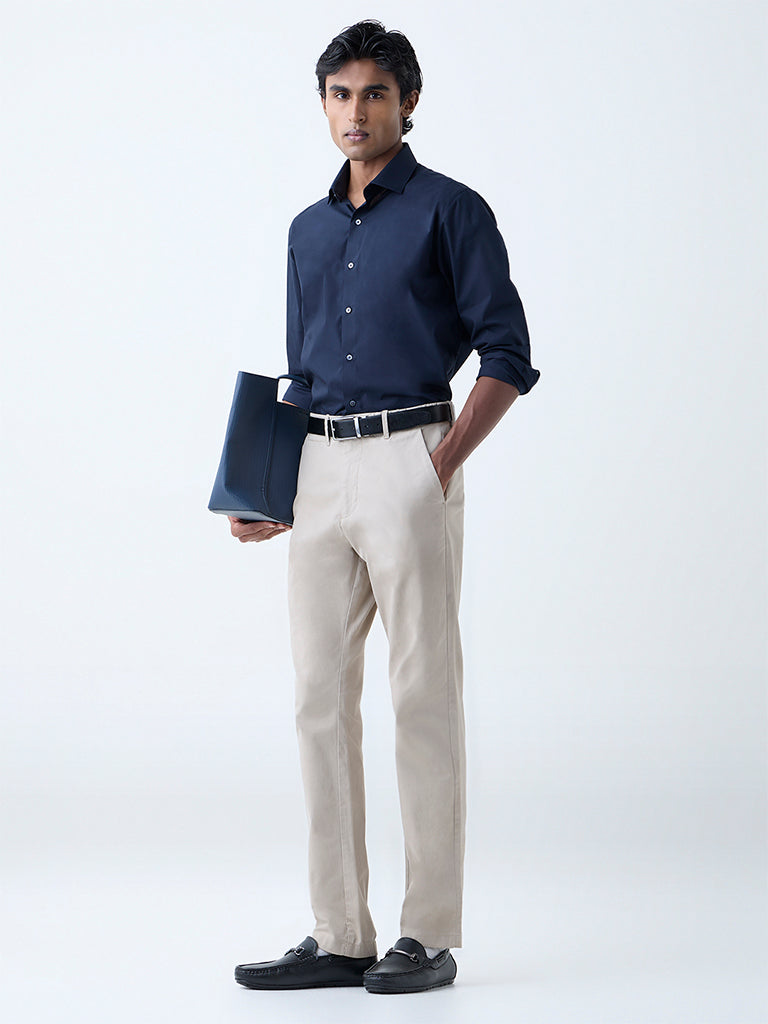 WES Formals Navy Solid Ultra-Slim Fit Cotton-Blend Shirt