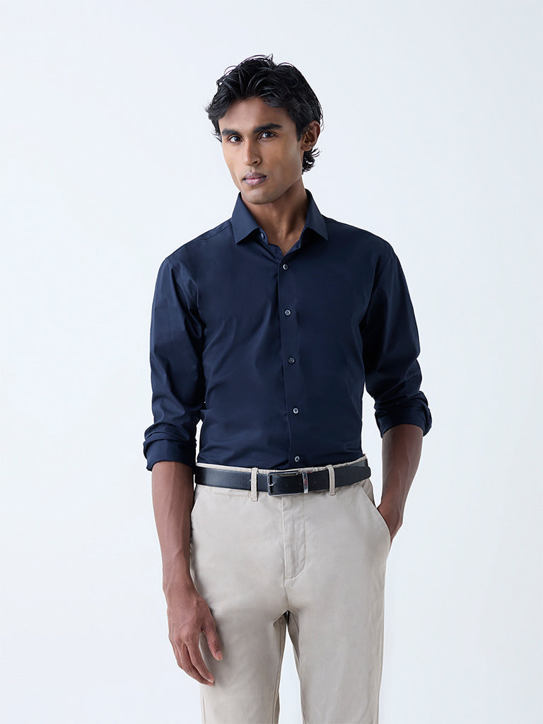 WES Formals Navy Solid Ultra-Slim Fit Cotton-Blend Shirt