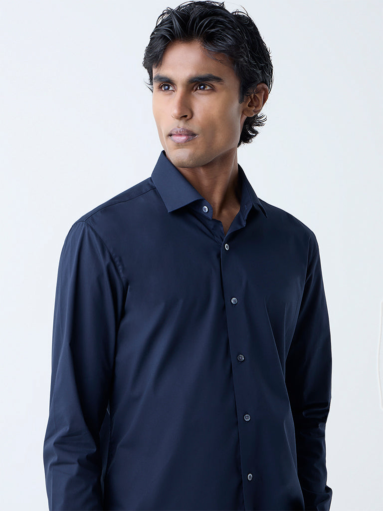 WES Formals Navy Solid Ultra-Slim Fit Cotton-Blend Shirt