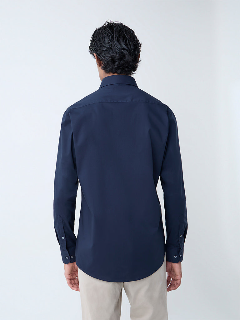 WES Formals Navy Solid Ultra-Slim Fit Cotton-Blend Shirt