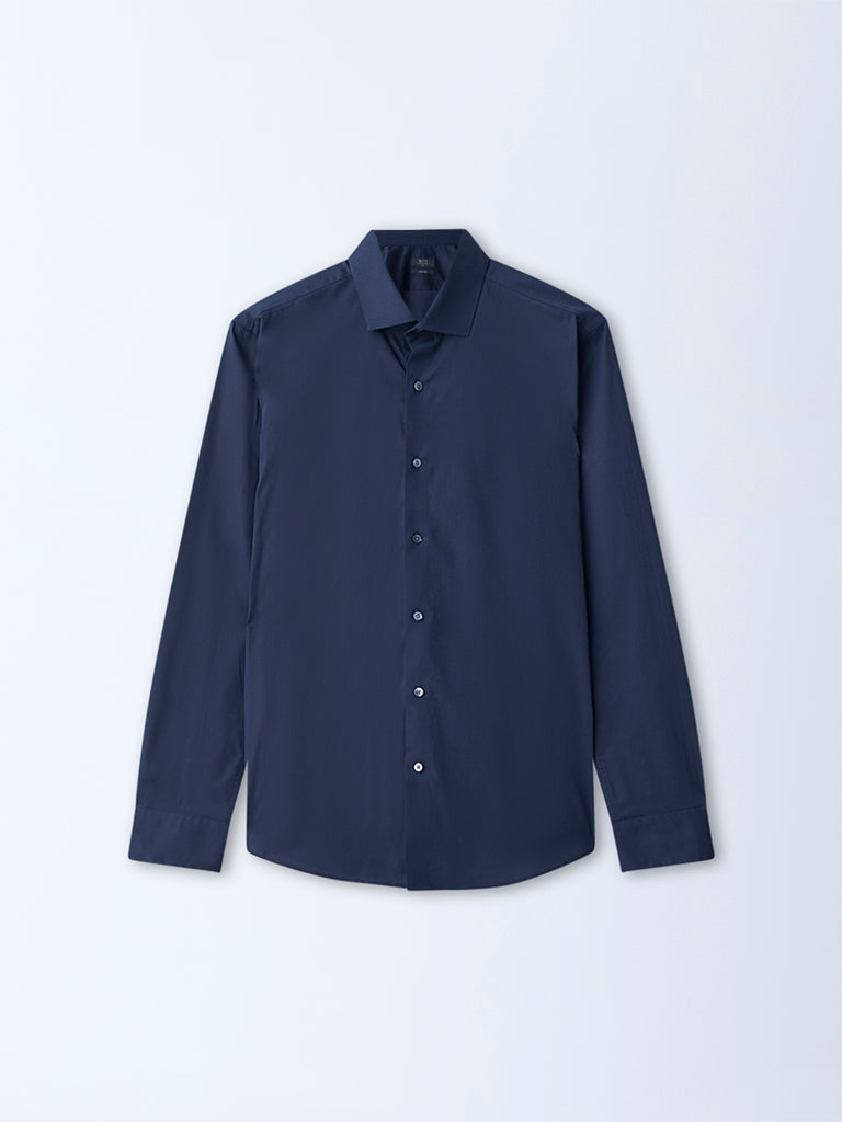 WES Formals Navy Solid Ultra-Slim Fit Cotton-Blend Shirt