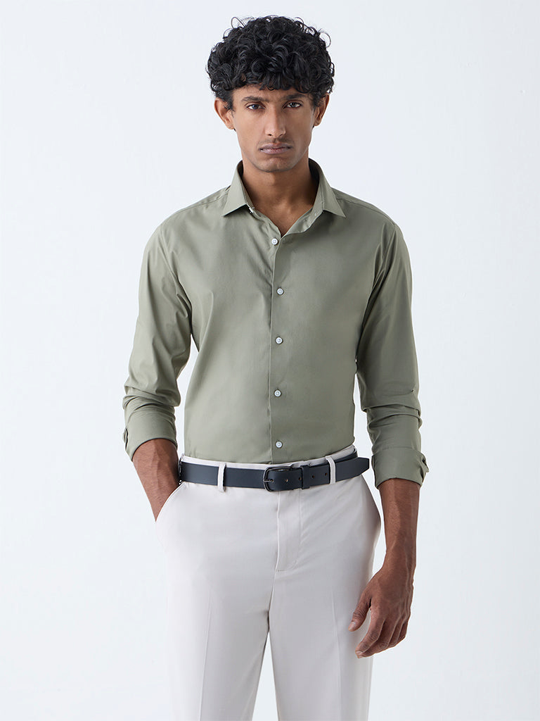 WES Formals Sage Solid Ultra-Slim Fit Cotton-Blend Shirt