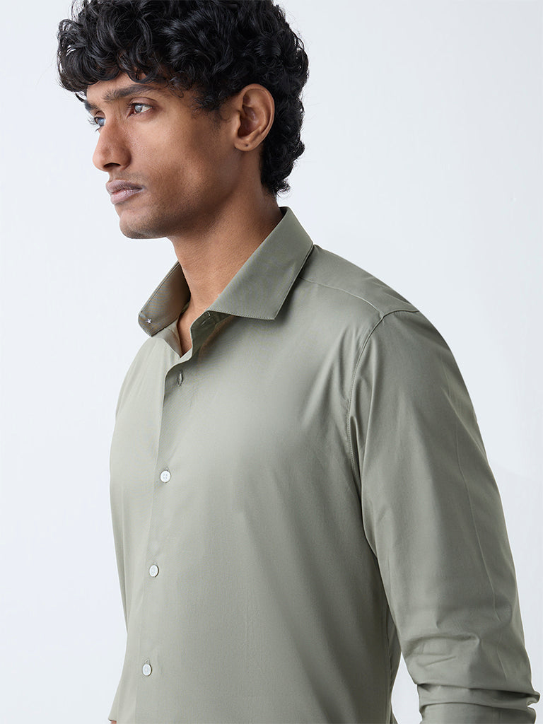 WES Formals Sage Solid Ultra-Slim Fit Cotton-Blend Shirt