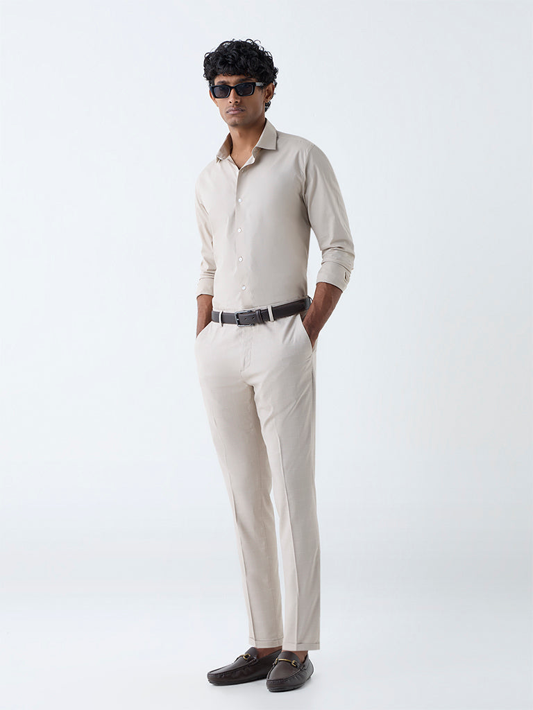 WES Formals Beige Solid Ultra-Slim Fit Cotton-Blend Shirt