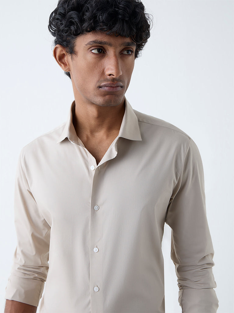 WES Formals Beige Solid Ultra-Slim Fit Cotton-Blend Shirt