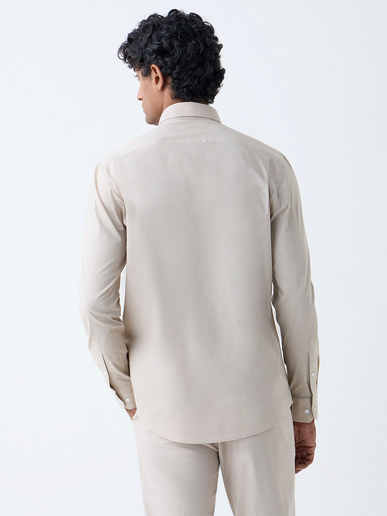 WES Formals Beige Solid Ultra-Slim Fit Cotton-Blend Shirt