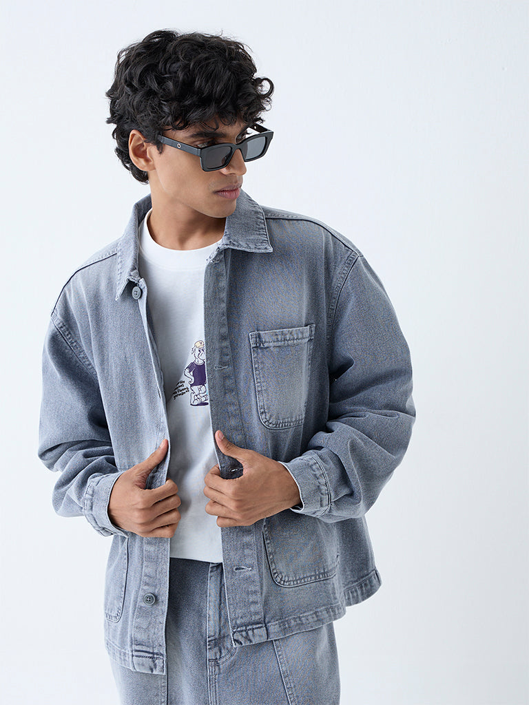 Westside Nuon Men's Grey Washed Relaxed-Fit Denim Jacket for Casual Wear Front View