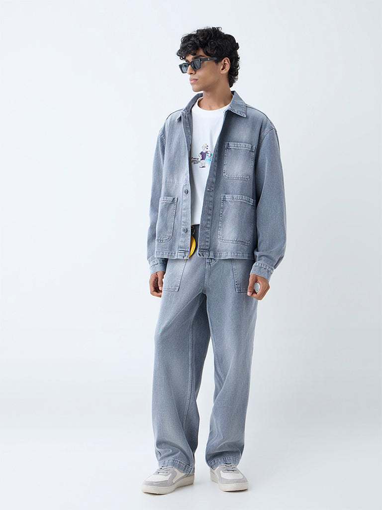 Westside Nuon Men's Grey Washed Relaxed-Fit Denim Jacket for Casual Wear Full View