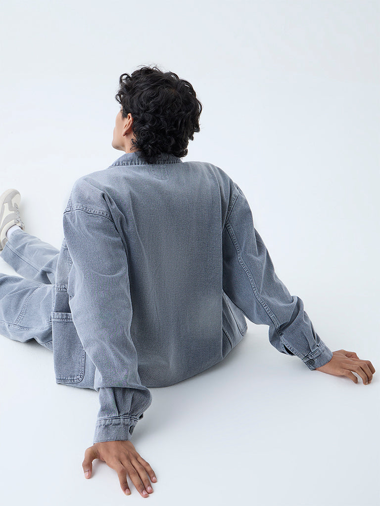 Westside Nuon Men's Grey Washed Relaxed-Fit Denim Jacket for Casual Wear Back View