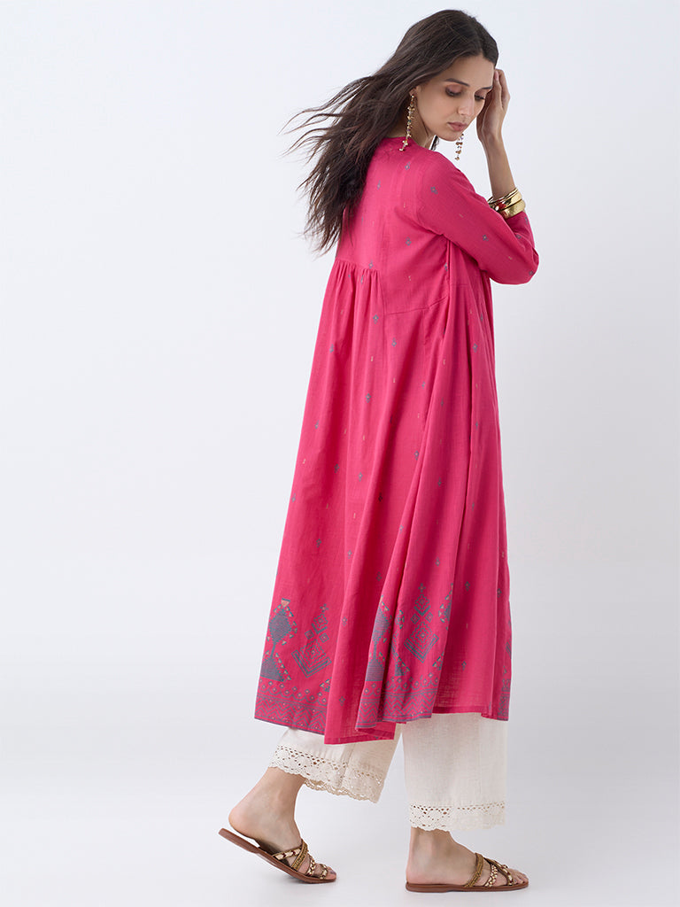 Utsa Fuchsia Embroidered Anarkali Cotton Kurta
